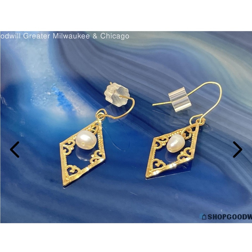 14K Yellow Gold Freshwater Pearl Ornate Dainty Filigree Drop Earrings 0.6g